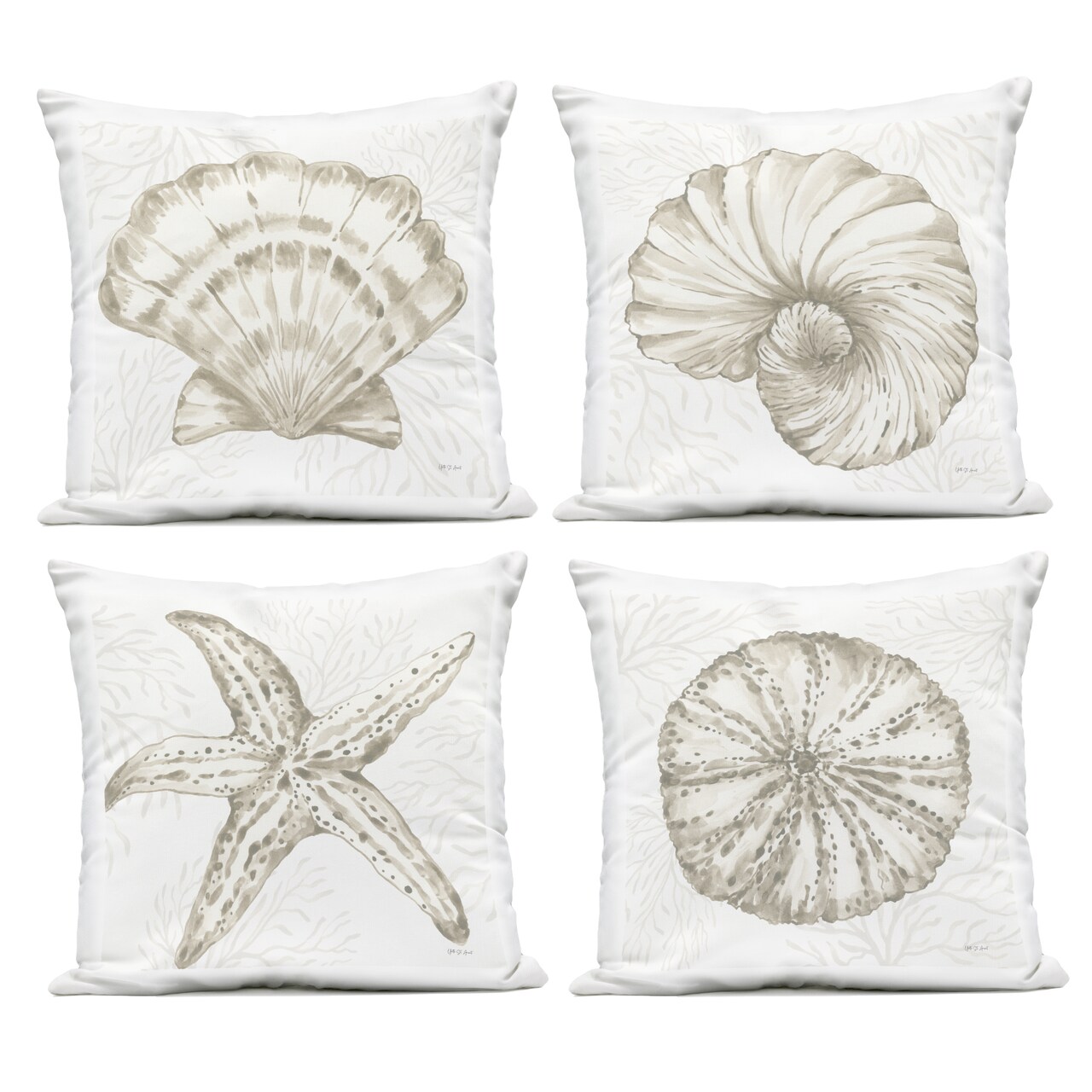 Stupell Industries Neutral Coastal Reef Shells 4 Piece Outdoor Printed Pillow Set, design by Yvette St. Amant, 18 x 7 x 18